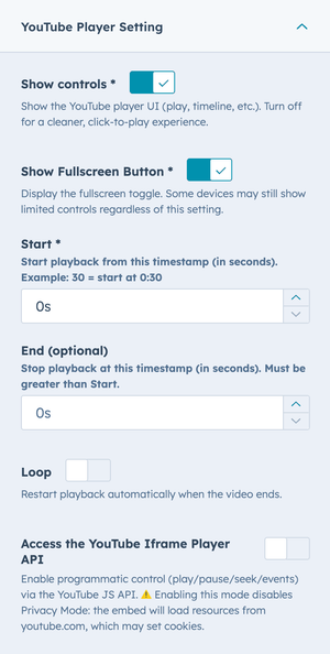 sidebar YouTube settings toggles/inputs