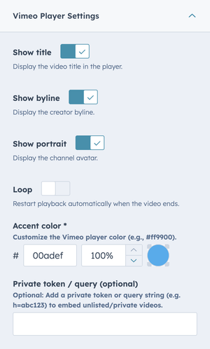 sidebar Vimeo settings with color picker and toggles