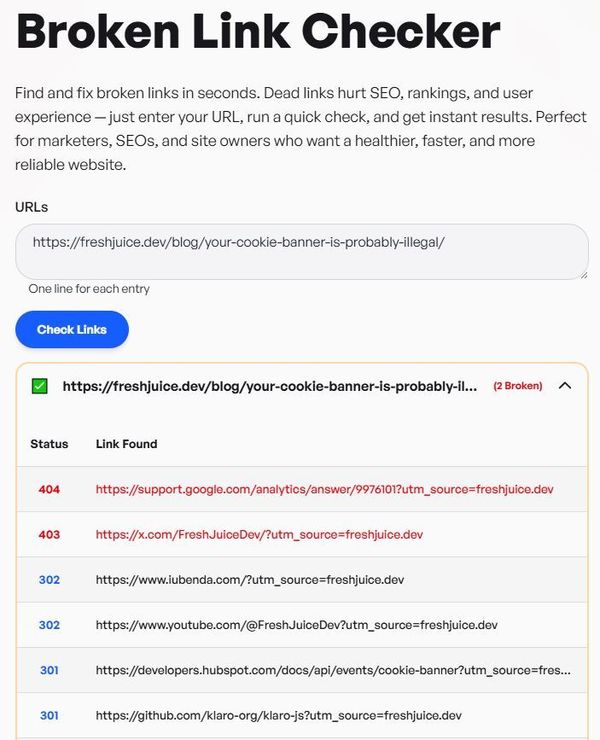 Broken Link Checker tool interface