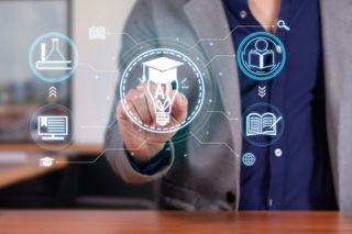 a person touching a digital light bulb making reference to AI