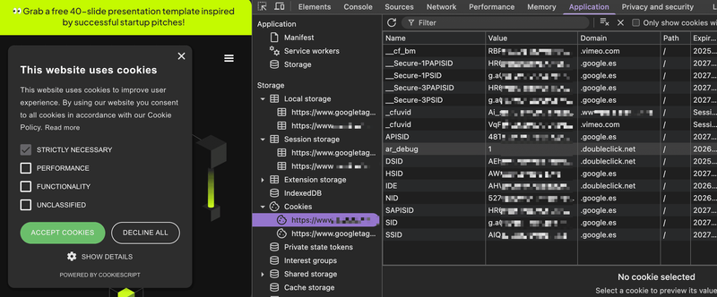 Cookie audit showing tracking cookies set before consent