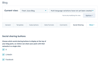HubSpot Social sharing buttons settings