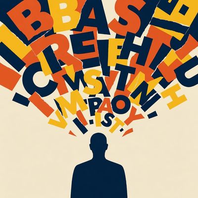 Retro illustration of a calm marketer under an umbrella while keyword cards fall around them like leaves