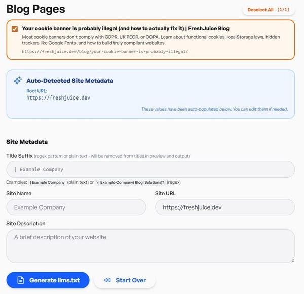 LLMs.txt Generator tool interface
