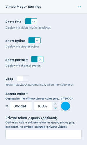 sidebar Vimeo settings with color picker and toggles