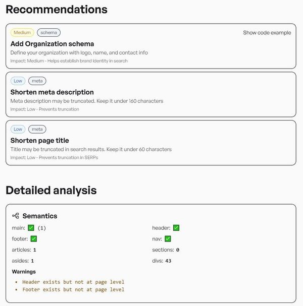 SEO Analyzer detailed results
