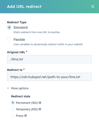 llms.txt 301 Redirect in HubSpot