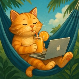 Cat drinking orange juice in a hammock with a MacBook