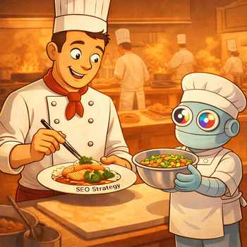A human chef plates an SEO Strategy dish while a friendly Gemini robot sous-chef hands over a bowl of ingredients, illustrating Gemini as a helpful SEO assistant