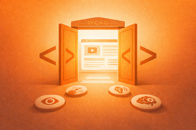 An open door framed by code brackets reveals a WCAG-labeled website, with accessibility icons like an eye, ear, and brain arranged as stepping stones, symbolizing an inclusive and accessible web