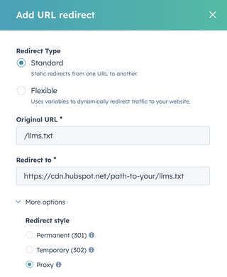 llms.txt Proxy Redirect in HubSpot