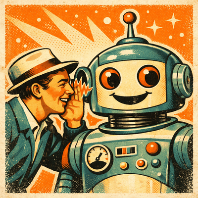 Retro-style illustration of a person whispering to a friendly robot, representing voice search interaction