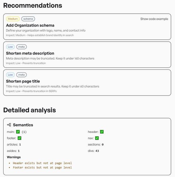 SEO Analyzer detailed results
