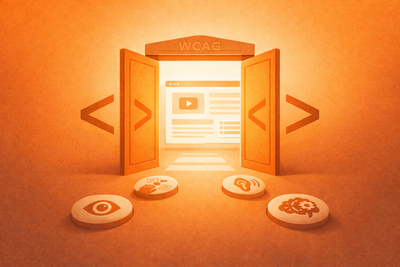 An open door framed by code brackets reveals a WCAG-labeled website, with accessibility icons like an eye, ear, and brain arranged as stepping stones, symbolizing an inclusive and accessible web